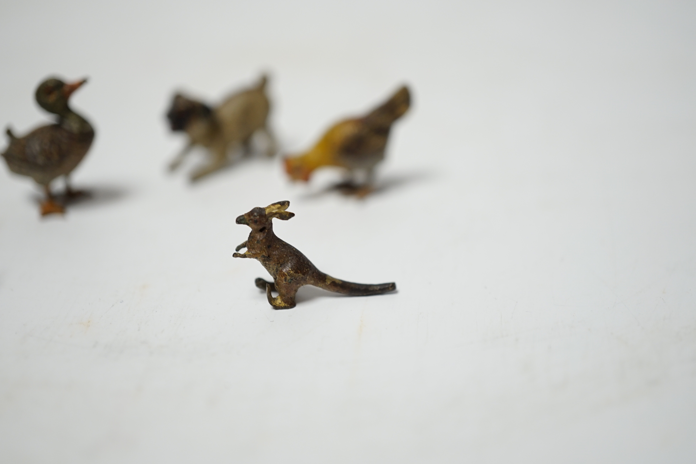 Seven tiny Austrian cold painted bronze animals, squirrel 2cm tall